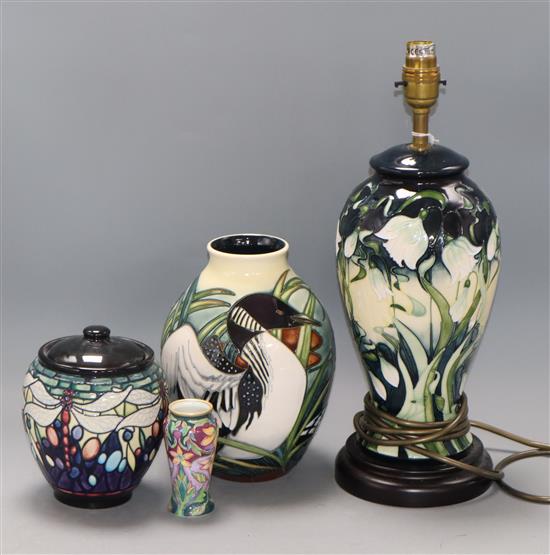A Moorcroft table lamp, a vase, a lidded bowl and a miniature vase lamp height 32cm